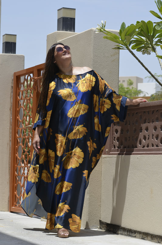 Silk Kaftan in Navy Blue with Yellow Flowers & Swarovski Crystals