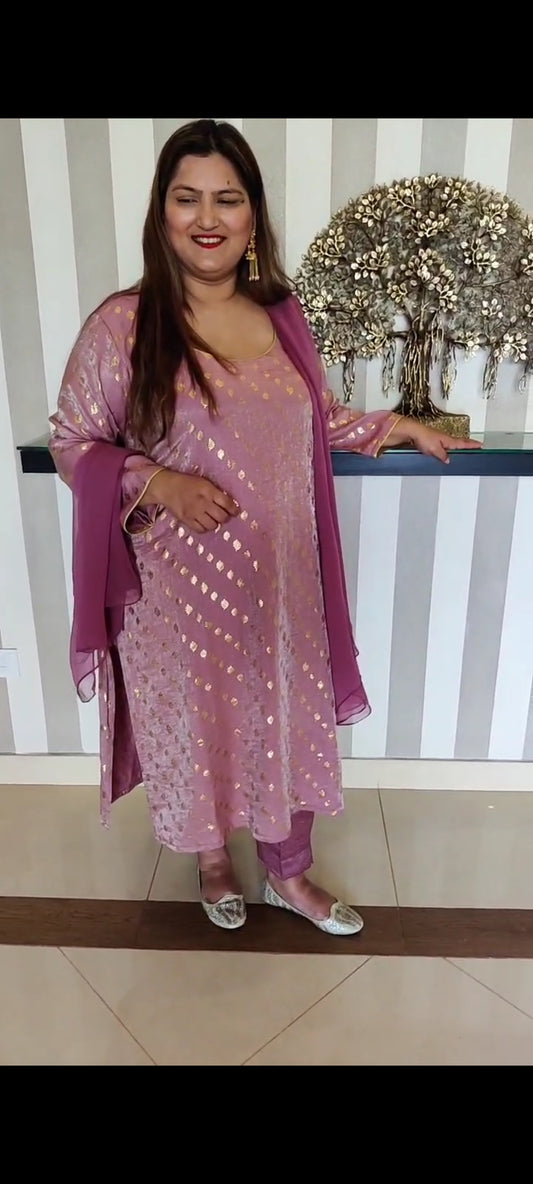 Dusty Pink & Gold Silk Tunic & Pant Set with Dupatta