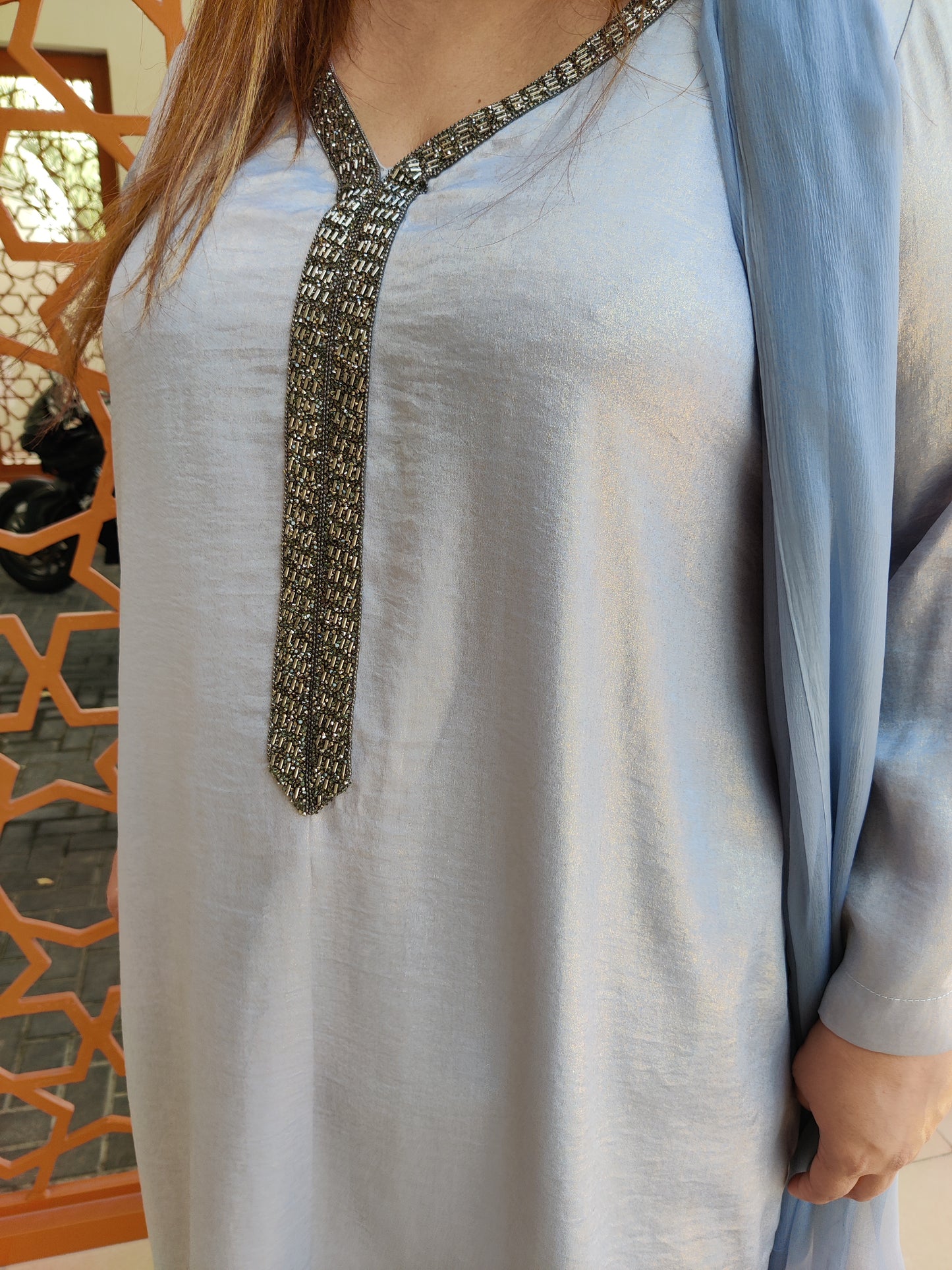 Light Grey Silk Set with Dark Grey Lace on Neck & Sleeves