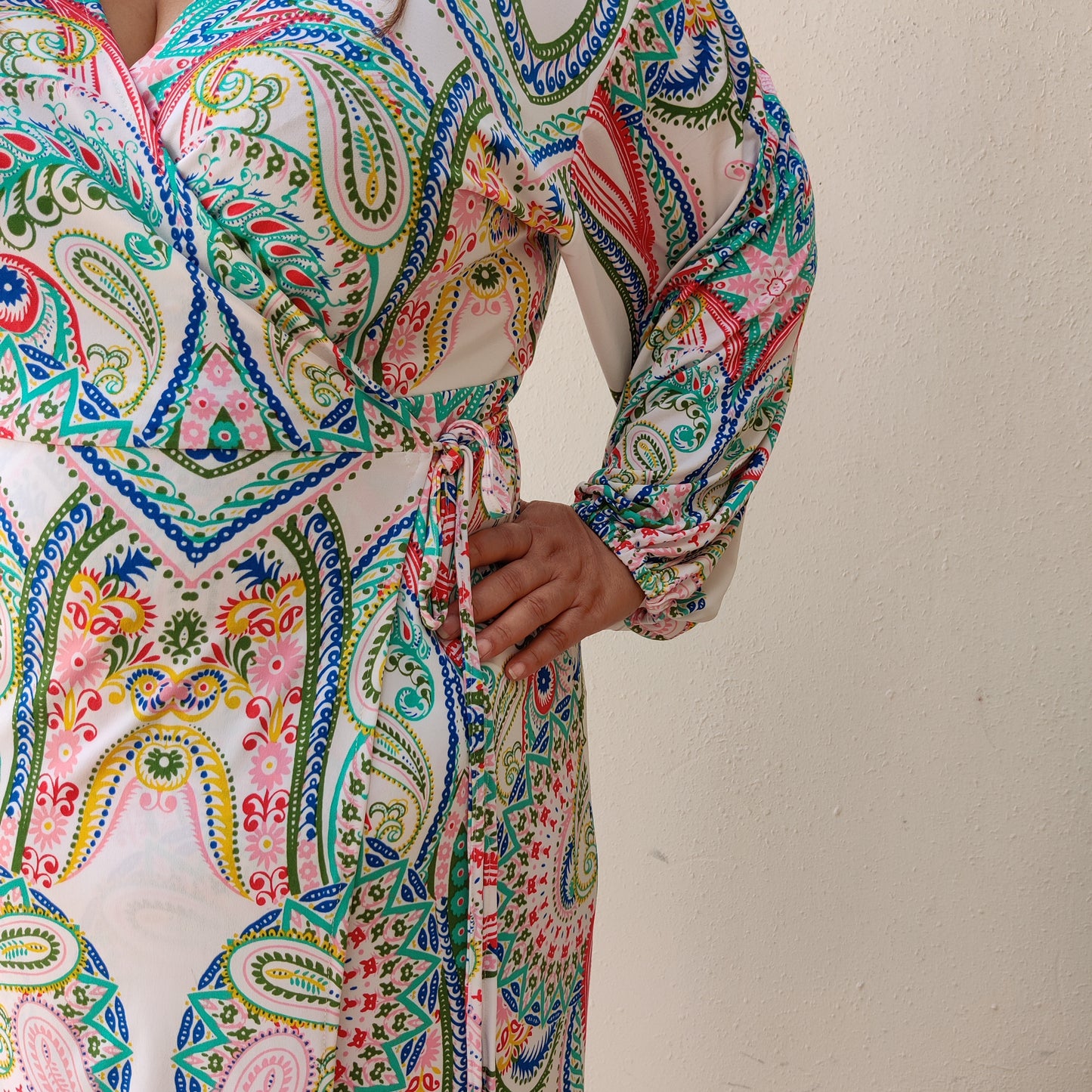 Long Jersey Wrap Dress in Colurful Paisley Print