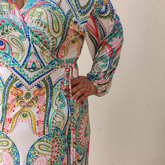 Long Jersey Wrap Dress in Colurful Paisley Print