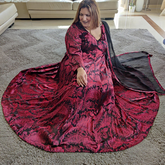 Red & Black Silk Anarkali with Dupatta