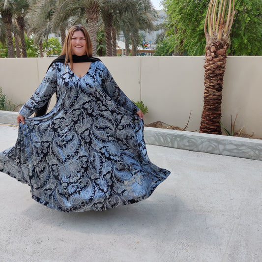 Grey & Black Silk Anarkali with Dupatta